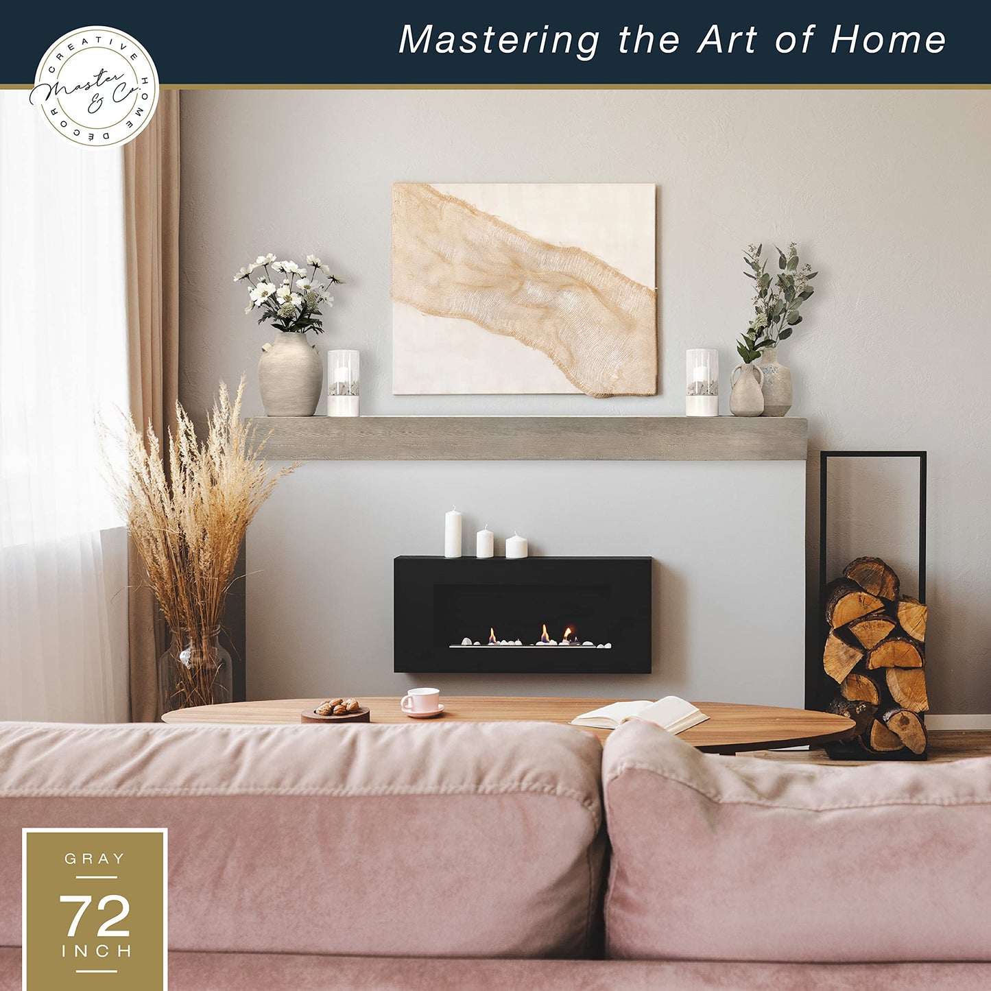 MCS 72-Inch Mantel, Master & Co Warm Gray Finsh Solid Wood Floating Fireplace Mantel, Long Floating Shelf for Livingroom with Wood Cleat Hanging System, Photo and Home Decor Display Shelf