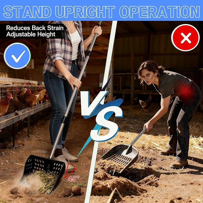 Chicken Poop Scooper & Rake 4-in-1, 9" Sifting Plate with Adjustable Stainless Steel Handle (35.4"-63") - Chicken Coop Scoop for Chicken Coops, Sand & Animal Litter (Single Unit, Black)