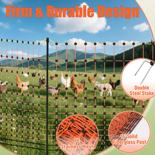 Electric Fence Netting, 48" x 164' Electric Chicken Fence with 16 Posts 2 Spikes, Portable Electric Poultry Netting for Chicken, Duck and Goat, Anti-Predator Electric Fencing in Farms, Ranches