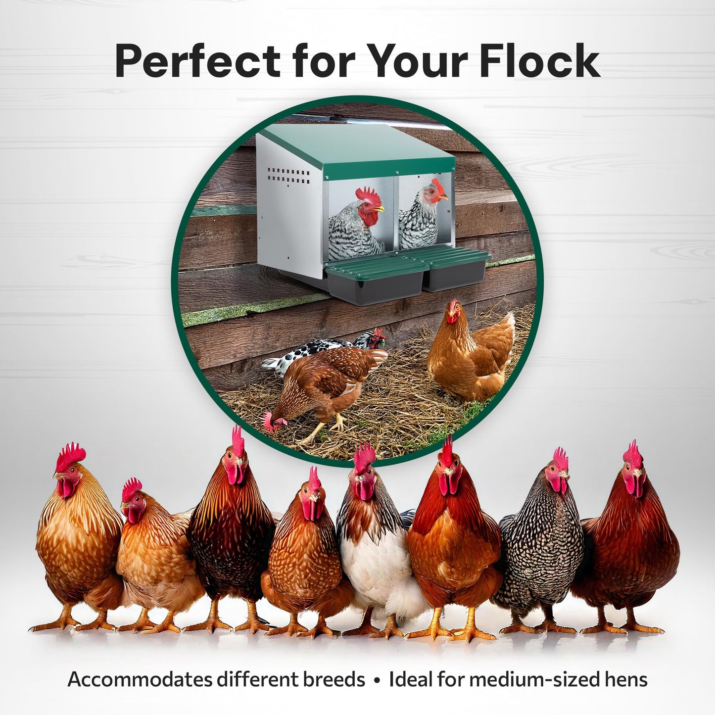 Homestead Essentials Compact Style 2 Compartment, Forward Rollout & Rollaway, Hen & Chicken Nesting Box with Protective Egg Laying Collection Lids
