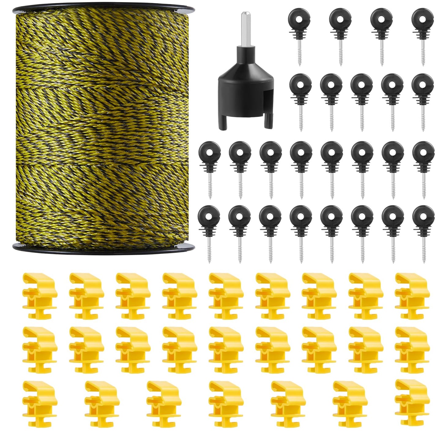 VEVOR Electric Fence Wire, 1640Ft 500M Portable Polywire, 1/8" Diameter 6 Stainless Steel Strands, Fencing Rope Line with 25 Fence Insulators and 25 T-Post Insulators, for Horse, Cattle, Livestock