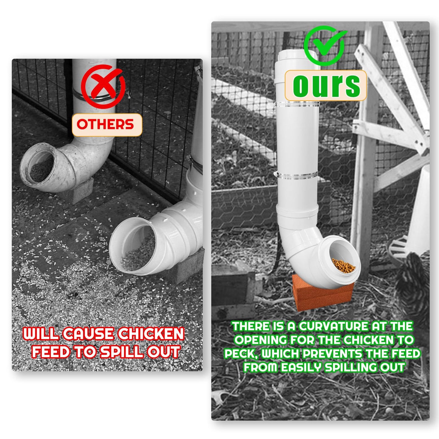 BOUTICOL Automatic Chicken Feeder with 2 Covers Duty PVC Pipe No Waste Chicken Coop Feeder 6.6 Pounds Large Chicken Feeder Hanging Chicken Feeder