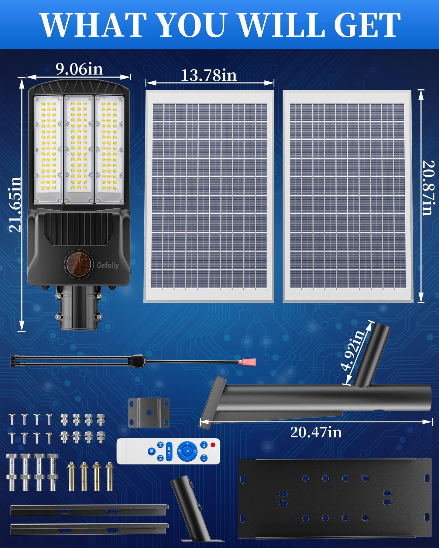 Gefolly SL-9800W Solar Street Lights Outdoor, 650000LM Commercial Parking Lot Light Dusk to Dawn IP67 Waterproof 6500K Security Flood Lights Lamp for Yard, Road, Basketball Courts