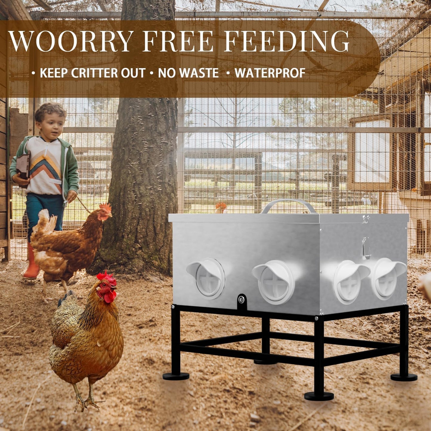 Automatic Chicken Feeder No Waste, 35lb 8 Ports Large Galvanized Metal Chicken Feeders Rodent Proof with Locking Lid and Upgraded Stands for Hen Coop