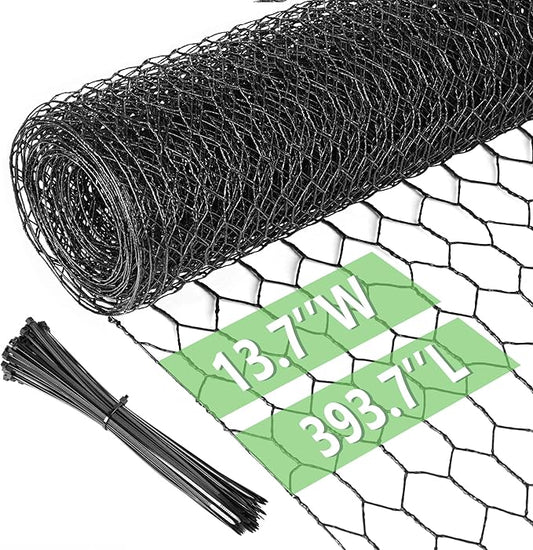 Chicken Wire 13.7 in x 393.7 in Poultry Wire Netting Hexagonal Galvanized Mesh Garden Fence Barrier for Pet Rabbit Chicken Fencing with 100 Pcs Cable Zip Ties(PVC-Coated)