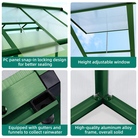 6x8 FT Large Outdoor Greenhouse with Polycarbonate Panels, Roof Vent & Heavy-Duty Aluminum Frame, Aluminum Greenhouses for Outdoors, Walk-in Garden Greenhouse for Backyard, Patio, Lawn, Easy Assembly