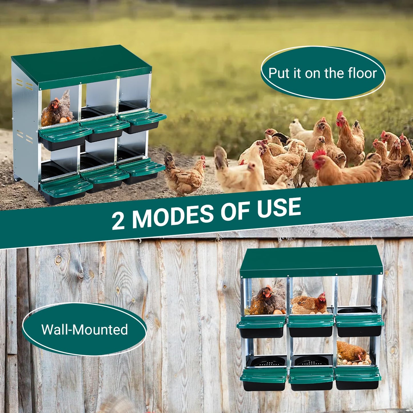 6 Hole Chicken Nesting Box, Roll-Away Egg Collection System with Ventilation Holes，Rustproof Plastic Tray & Keyhole Mounting, Chicken Laying Box for Hen & Duck, Green
