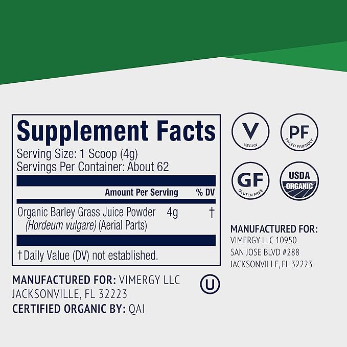 Vimergy Barley Grass Juice Powder Dietary Supplement - 0.8g per Serving (312 Servings) – Clean Superfood Formula – Promotes Cardiovascular Health* – Organic, Vegan & Gluten-Free – Regular Size 250g