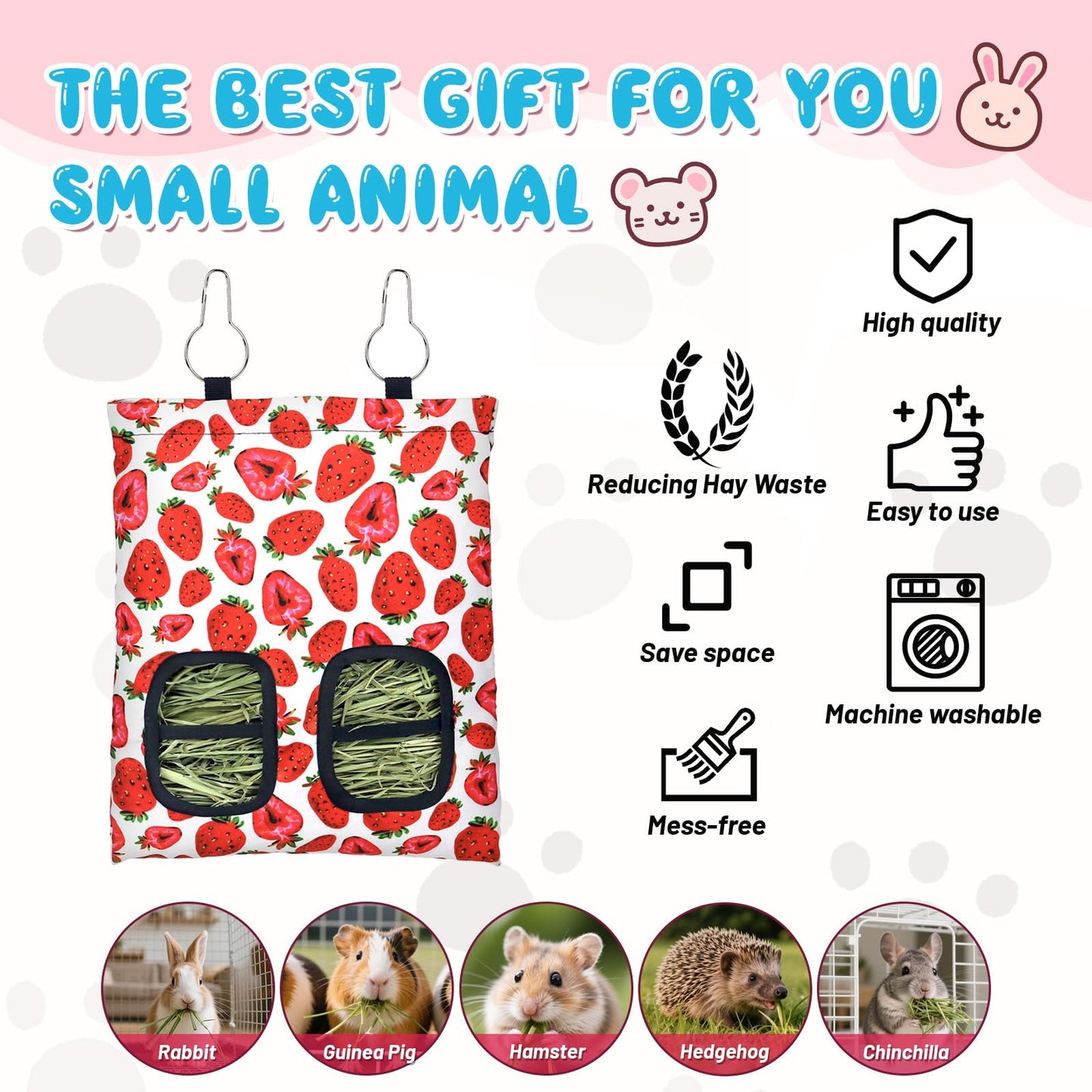 3 Pcs Rabbit Hay Feeder, 2-Hole Hanging Guinea Pig Hay Bags Washable Bunny Hay Bag for Rabbits, Chinchillas, Hamsters, Small Pets and Animals (11.8"×8.7")