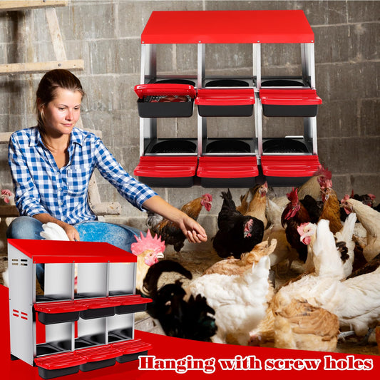 Chitidr Chicken Nesting Box, 6 Compartments Metal Chicken Laying Box with Roll Away Egg Collection and Perch, Rust Proofed Wall Mount Poultry Nesting for Hens Red
