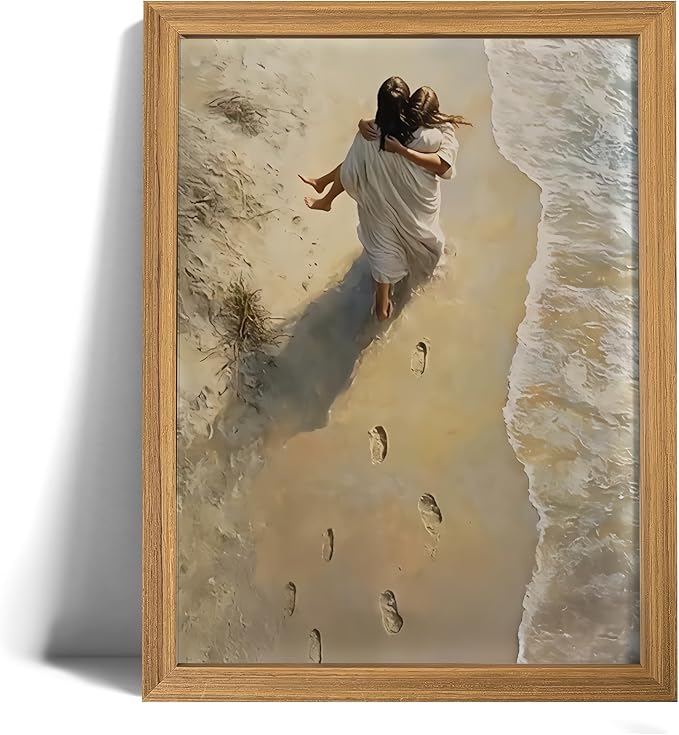 Jesus Holding Woman Wall Art Christian Religious Canvas Print Jesus Walking on The Beach Picture Prints God Wall Gift Painting Poster for Christian Living Room Bedroom Wall Decor，Wood Frame 12x16in