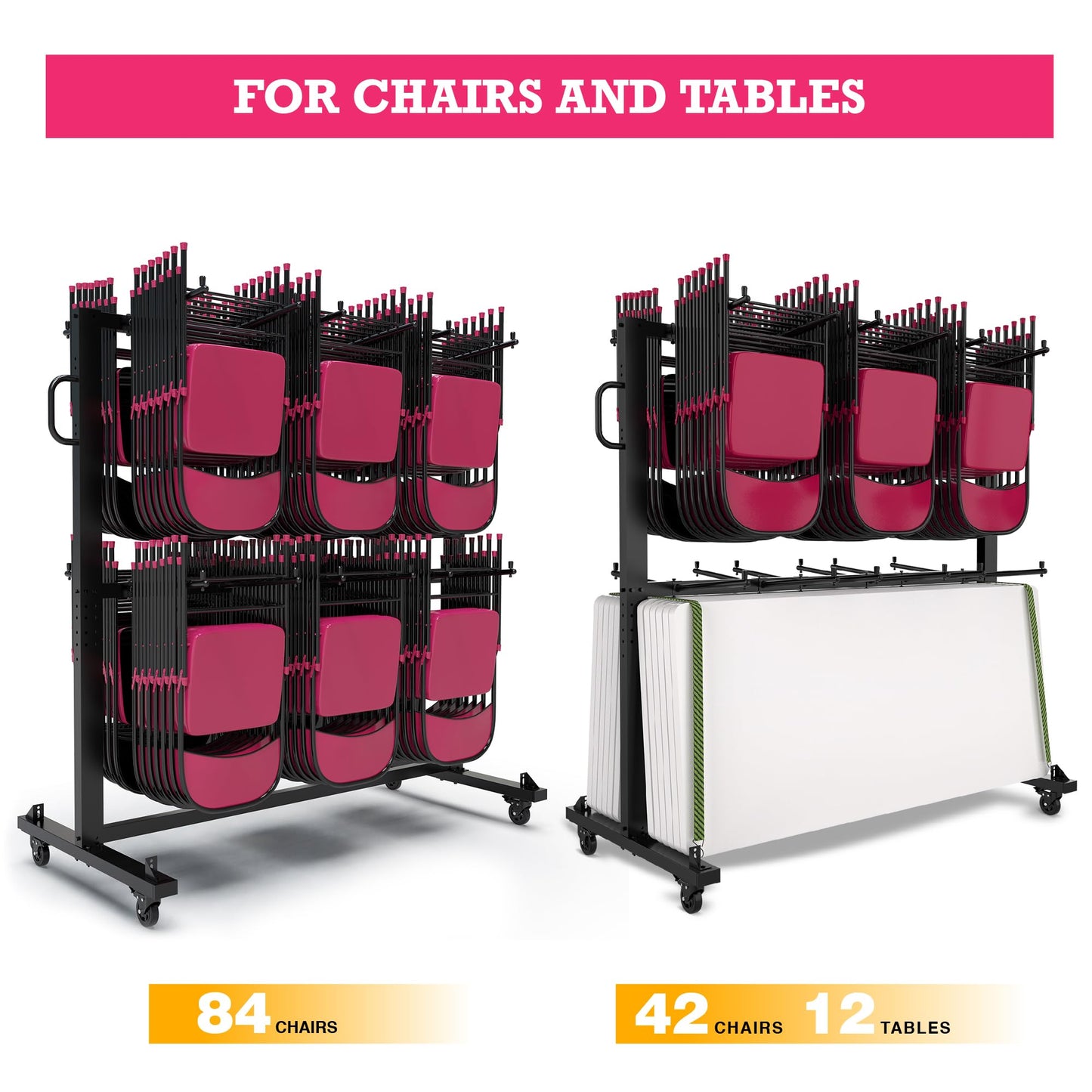 ALAGPRO Folding Chair Rack Cart - Storage Dolly With Wheels, Heavy Duty Holder for 84 Chairs or 12 Tables of 900 LBS Capacity - Includes Outdoor Cover