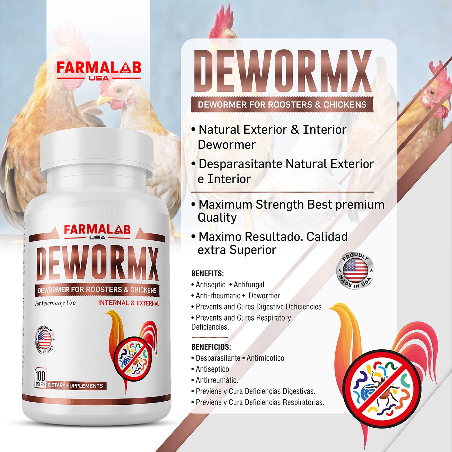 Farmalab Natural Dewormer Internal & External 100 Tabs Poultry NO Egg Withdrawal Needed - Vitamin for Poultry Rooster Hen Chicken Baby Chick