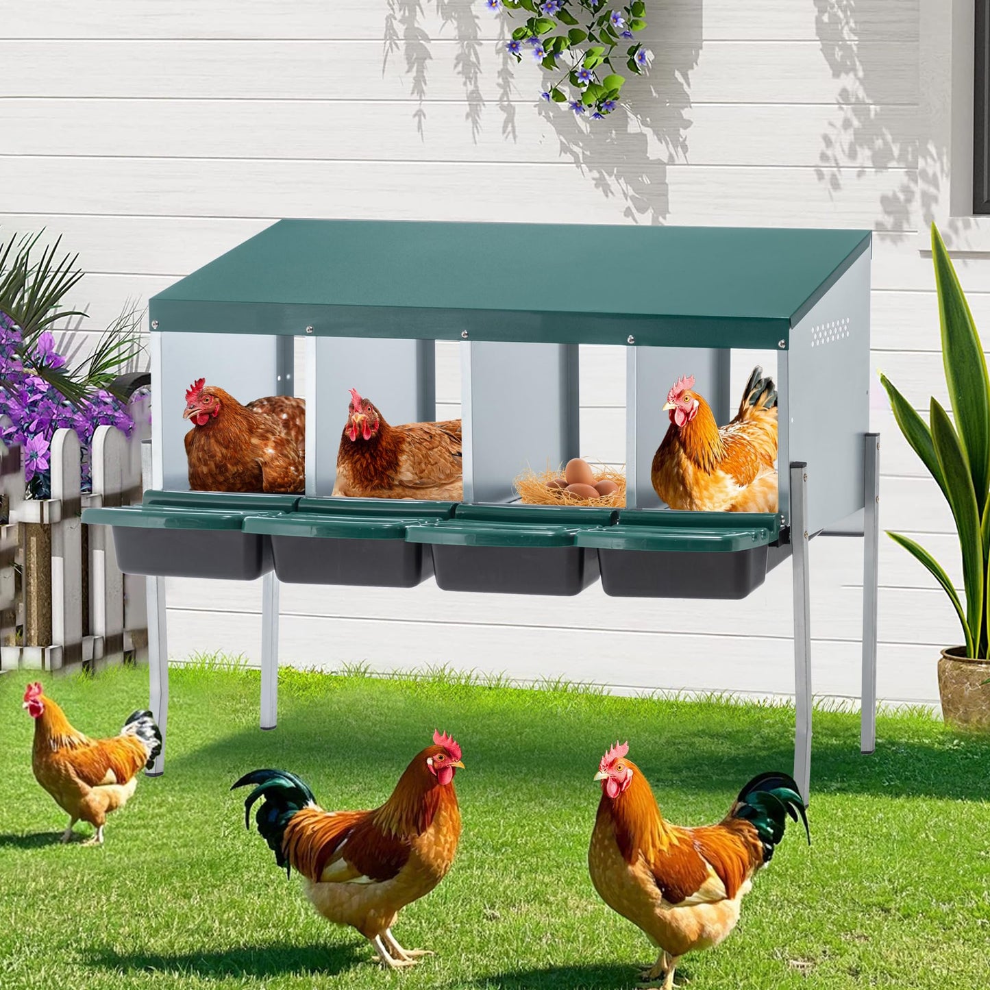 Chicken Nesting Box, 4 Compartment Metal Laying Box, Roll Away Nesting Boxes for Chicken, Indoor & Outdoor Use, Easy Egg Collection, 4 Holes with Legs, Green