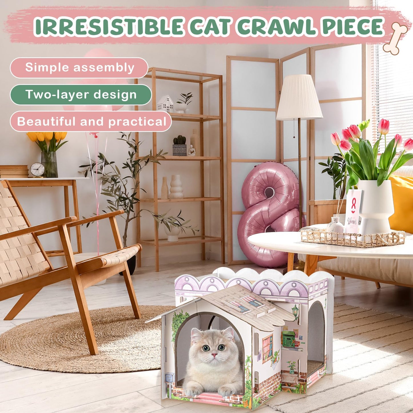 Lineshading Multi Level Cardboard Cat House with 3 Scratchers Large Sturdy Country House Themed Cat Villa 17"x12"x10" Cute Pet Condo Beds Toys Hideout for Bunny Small Animals Birthday Party