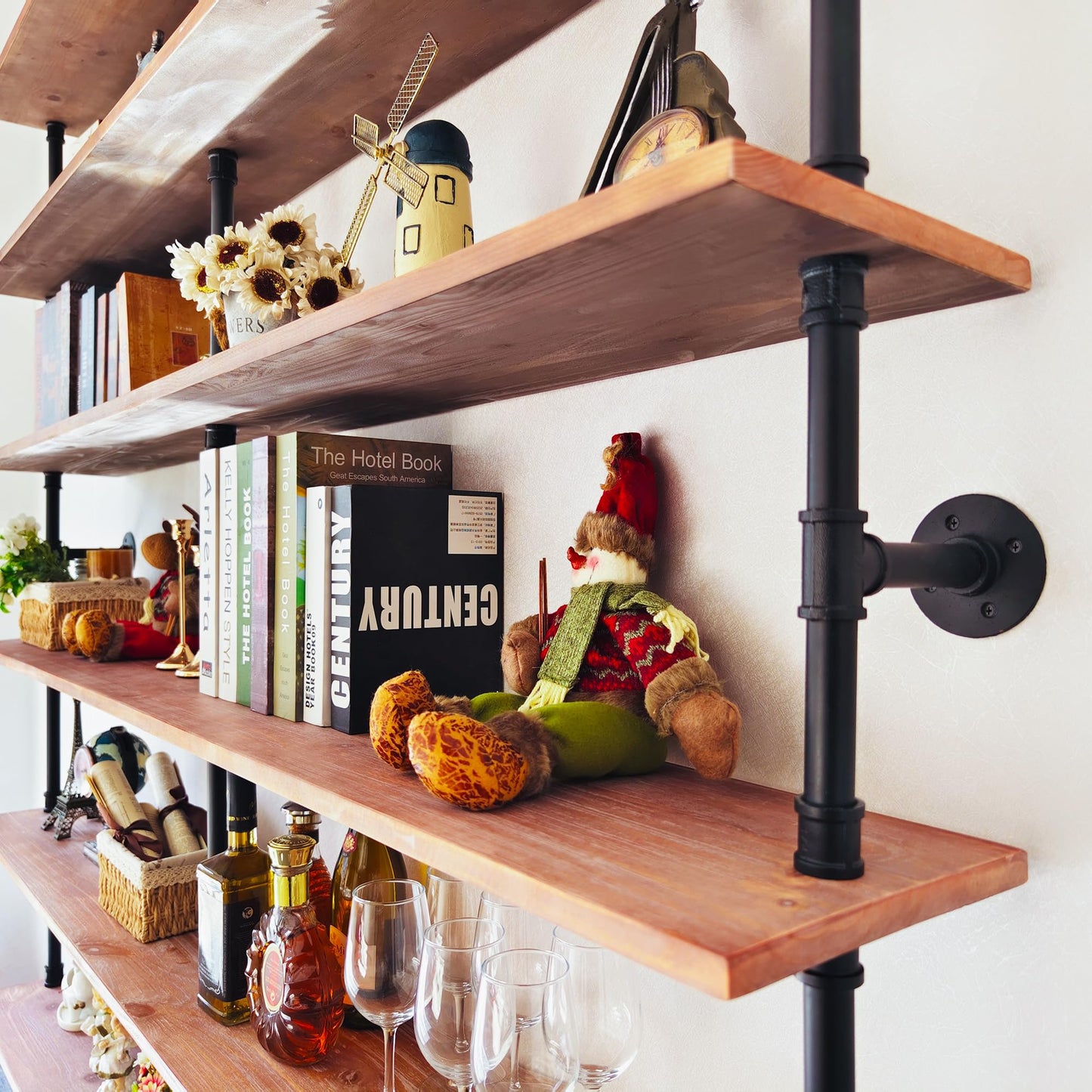 Anynice Industrial Ladder Shelf Bookcase, Wall Mounted Rustic Bookshelf, Retro Wood Metal Pipe Industrial Shelves for Living Room(Weathered Brown, 6 Tier - 10" D x 70" W x 82.5" H)