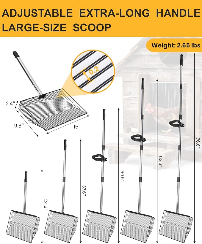 15" Extra Large Chicken Poop Scooper with Ergonomic Grip, Adjustable Length (24.6"–76.6"), Metal Sifting Shovel with Holes for Chicken Coop Cleaning, Multifunctional Chicken Manure Scoop