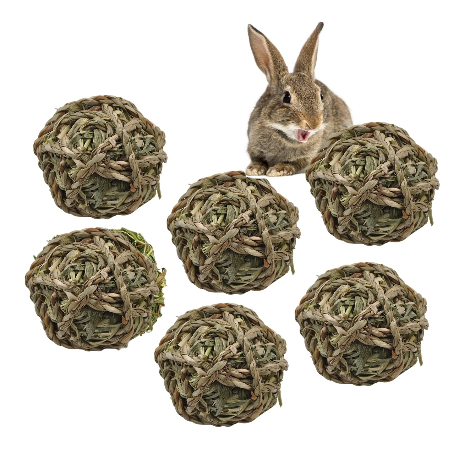 kathson 6 Pcs Rabbit Chew Grass Balls,Bunny Grass Toy Handmade Timothy Hay Ball Small Animal Treats Teeth Grinding Chews for Rabbits Chinchillas Guinea Pigs Hamsters Mice Gerbils