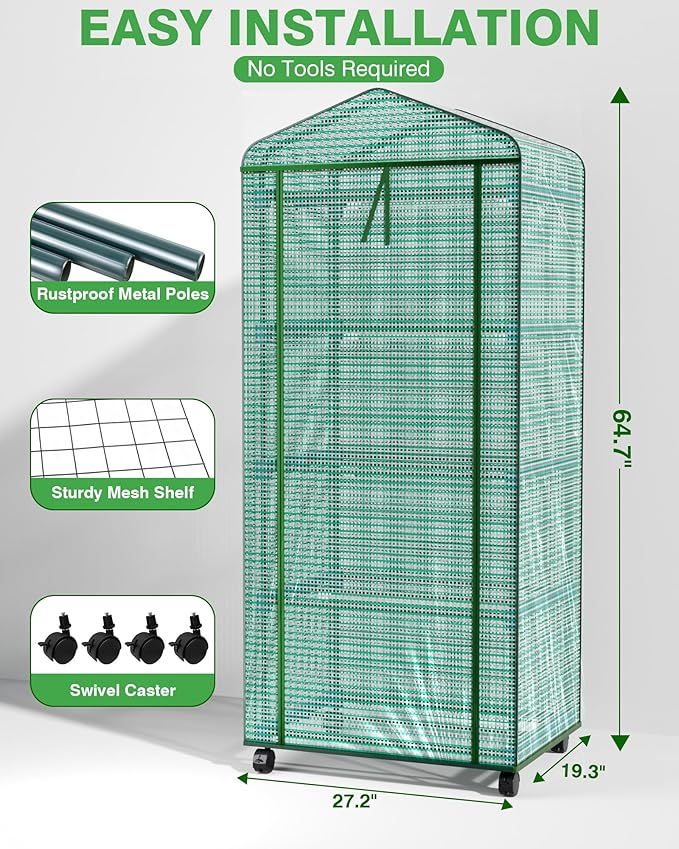 PYY Mini Indoor Greenhouse with Grow Light - Small Portable Outdoor Plant Green House Cabinet with Wheels, Thermometer, PE Tent Cover, 4 Dimmable 3 Color 2FT 36W LED Kit, 4 Tier Gardening Shelves