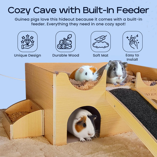 TINY ROYALS Guinea Pig Wooden Hideout with Built-in Feeder, Screw-Assembled Natural Wood Castle with Absorbent Fleece Mat, Ramp & Accessories, Cozy Safe Hideaway for Small Pets to Rest, Play & Explore