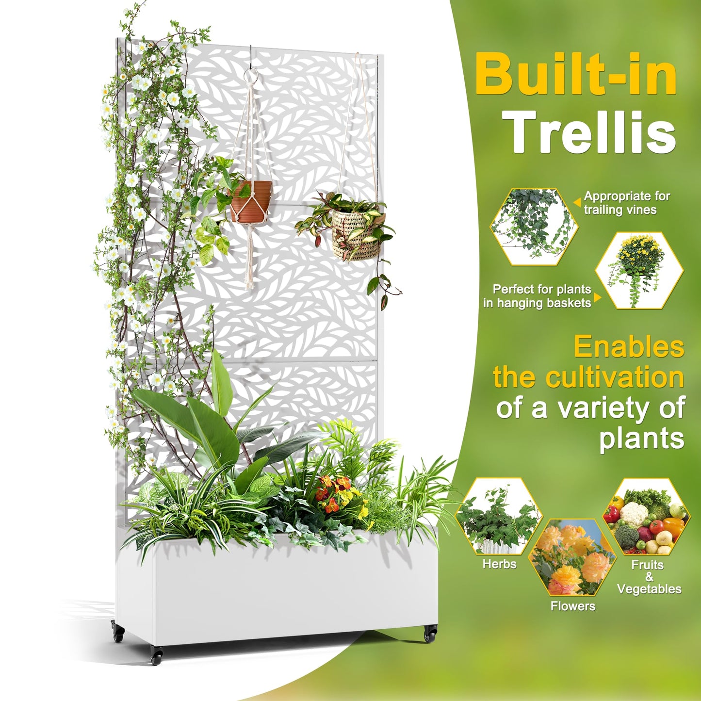 FENCY Metal Raised Garden Bed with Wheels and Trellis,73"x35"x16" Planter Box for Climbing Plants, Vegetables & Vines, Features Privacy Screen and Drainage Holes (White-Leaf)