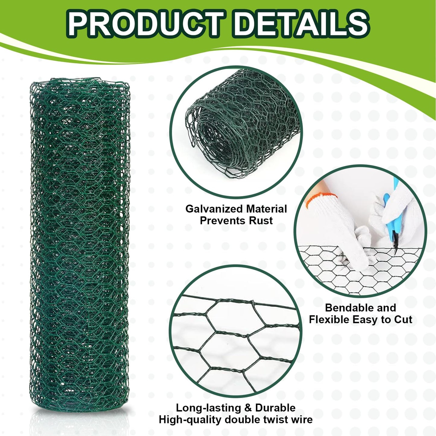 Green Floral Chicken Wire Mesh - 15.7 x 157 Inch Rustproof PVC Coated Hex Netting for Arrangements (0.6" Hex) Coated Netting Fence for Crafts Poultry, Garden