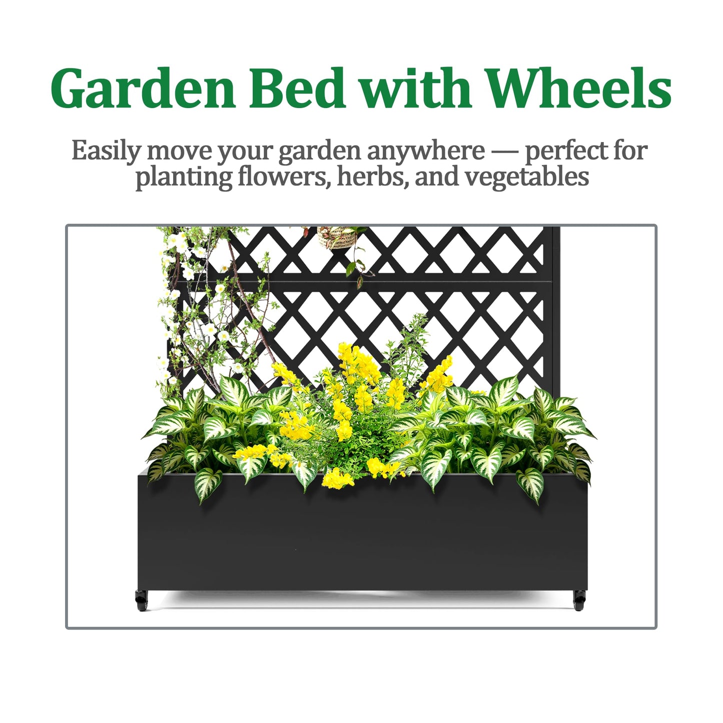 Metal Raised Garden Bed with Trellis and Wheels, 2 in 1 Trellis with Planter Box & Privacy Screen for Climbing Plants, Outdoor Standing Flower Beds with Drainage Holes, 47.2''L×15.7''W×70.9''H, Black