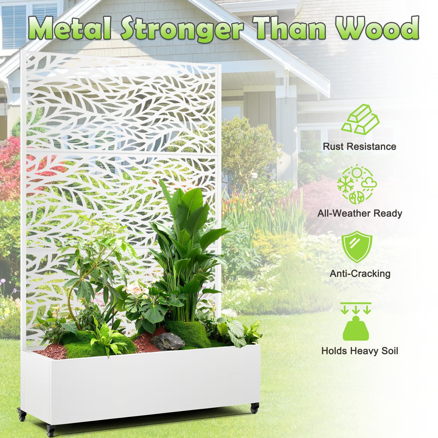 15.7"×70.9"×47.2" Metal Raised Garden Bed with Trellis and Wheels - Tall Trellis Planter Box for Climbing Plants, Vegetables & Vines - Outdoor Privacy Planters for Patio (White-Spring)