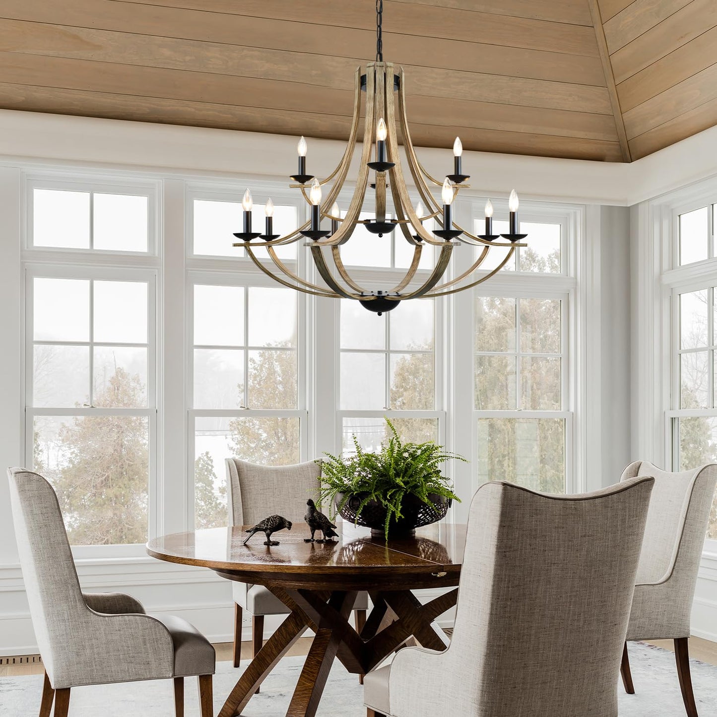 LAMPKEDUO Farmhouse Chandeliers for Dining Room Light Fixture, 2 Tier 12-Light 41" Adjustable Height Retro Faux Wood Texture Rustic Light Fixtures for Living Room Bedroom Kitchen Island Foyer Entryway