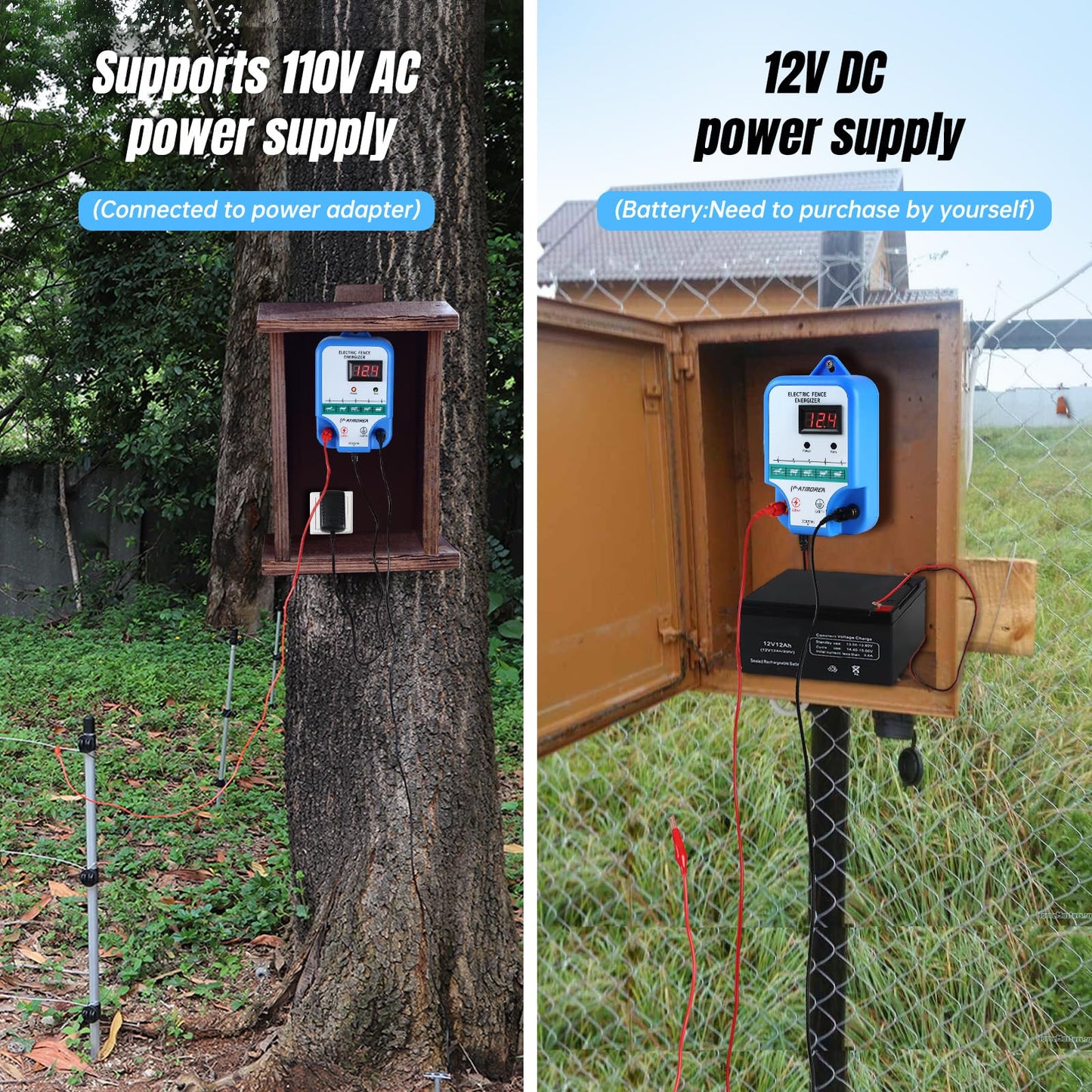 ATMOREA Electric Fence Charger - Multi-Powered, 12 kV 3 Joules High-Power Output Energizer with LED Display, Repels Large Wildlife - Ideal for Livestock, Pet, Poultry, Gardens, Orchards Protection