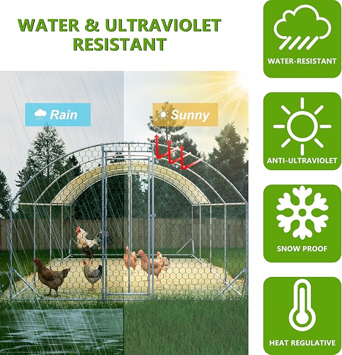 Large Metal Chicken Coop, Walk-in Chicken Run Pen with Waterproof Anti-UV Cover, Dome Roof Poultry Cage for Outdoor, Backyard, Farm (26'W x 9'L x 6'H)