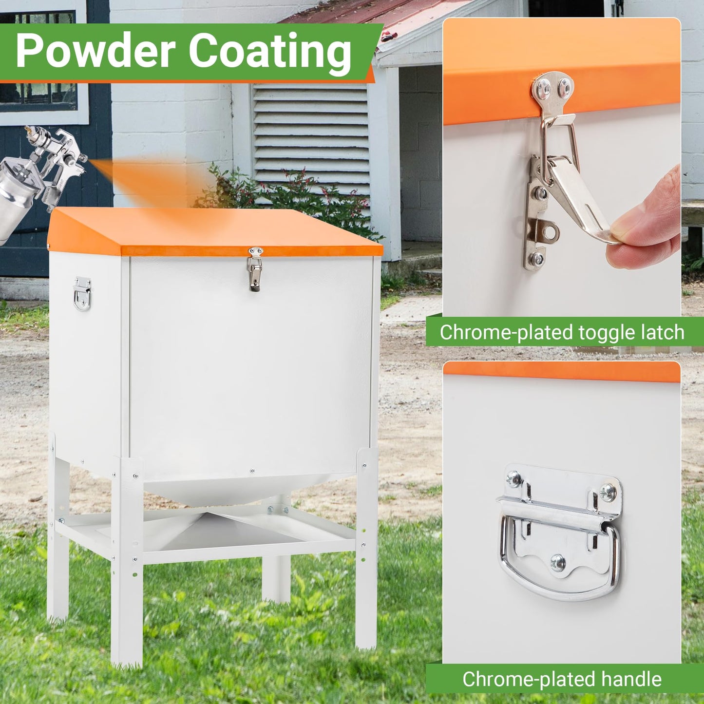 Toriexon Chicken Feeder, 50LBS Capacity Metal Poultry Feeder (16” x 12.5” x 24.5”) for 10 Chickens, Powder-Coated Steel Feeder w/Waterproof Lid and Stainless Handles