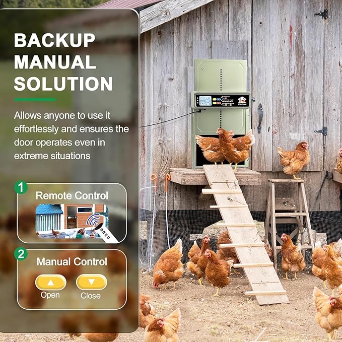 Automatic Chicken Coop Door Solar Powered with Timer, Light Sensor, Remote Control, LCD Display, Aluminum Alloy 4 Auto Modes Wide Chicken House Door, Anti-Pinch, Weatherproof, USB Backup, Green