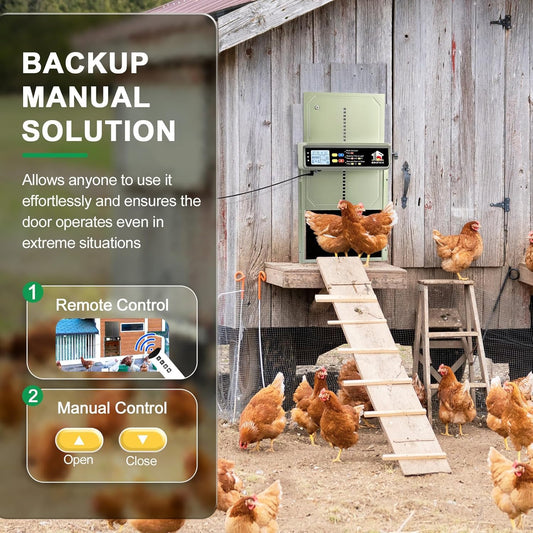 Automatic Chicken Coop Door Solar Powered with Timer, Light Sensor, Remote Control, LCD Display, Aluminum Alloy 4 Auto Modes Wide Chicken House Door, Anti-Pinch, Weatherproof, USB Backup, Green