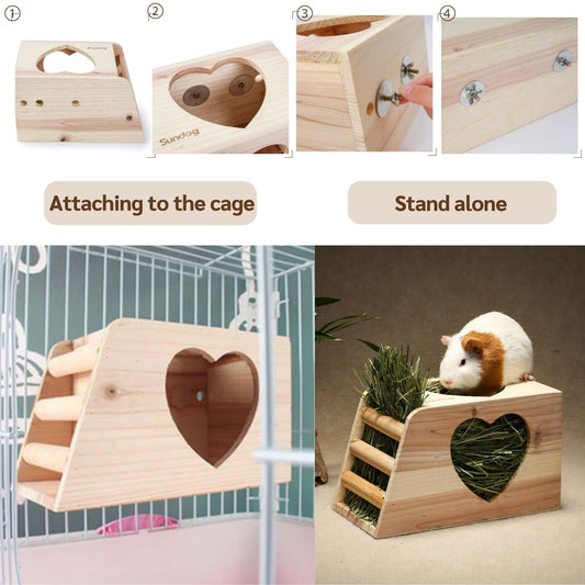 JanYoo Hay Feeder for Rabbits Wooden Holder for Cage Large Rack Hanging Food Manager Less Waste Dispenser Bunny Accessories
