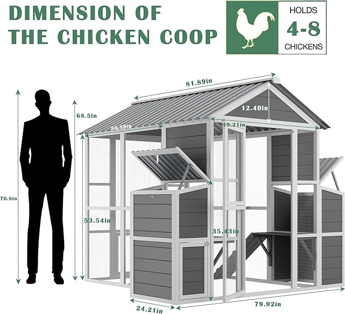 Outdoor Wooden Chicken Coop for 10 Chickens,Large Hen House Poultry Habitat Pet Hutch Run Cage with 2 Chicken Nesting Boxes,Walk in Chicken Coops Run W/Ramp and Run,Waterproof Roof,(80"×82"×69")