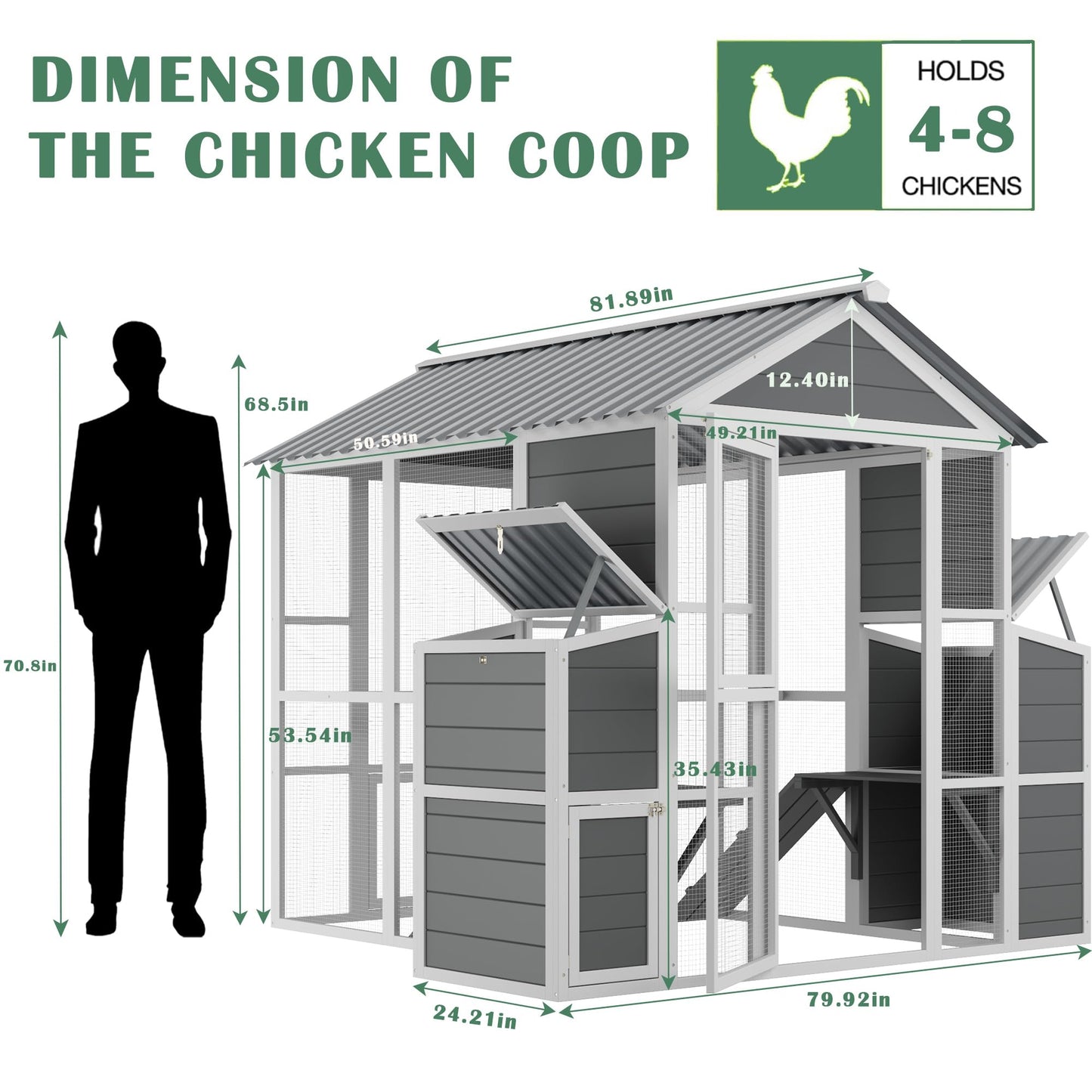 YOPTO Outdoor Wooden Chicken Coop for 10 Chickens,Large Hen House Poultry Habitat Pet Hutch Run Cage with 2 Chicken Nesting Boxes,Walk in Chicken Coops Run W/Ramp and Run,Waterproof Roof,(80"×82"×69")