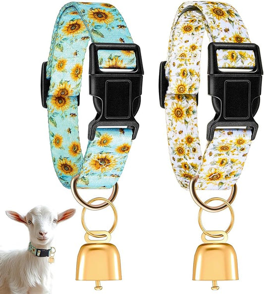 Talltalk 2 Pack Goat Collars with Bells Grazing Copper Bell and Adjustable Nylon Collar Set Loud Bronze Bell for Farm Sheep Cow Sheep Dog Accessories Christmas Thanksgiving Gift(Sunflower)
