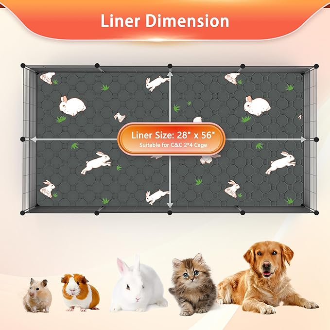 Guinea Pig Cage Liner, Reusable Guinea Pig Bedding Washable Absorbent Pee Pads for Dogs Kitten Rabbit Chinchilla Hamster, Leakproof & Anti Slip (2, C&C 2*4, 28"x56")