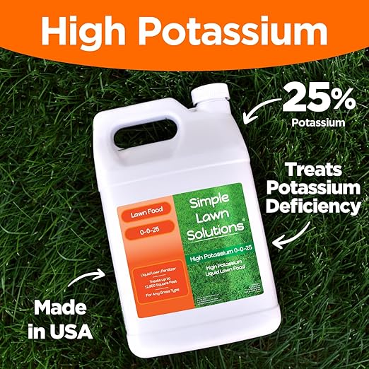 Simple Lawn Solutions - High Potassium Lawn Food Liquid Fertilizer 0-0-25 - Concentrated Spray - Turf Grass Vigor and Plant Hardiness - Summer and Fall - Any Grass Type (1 Gallon)