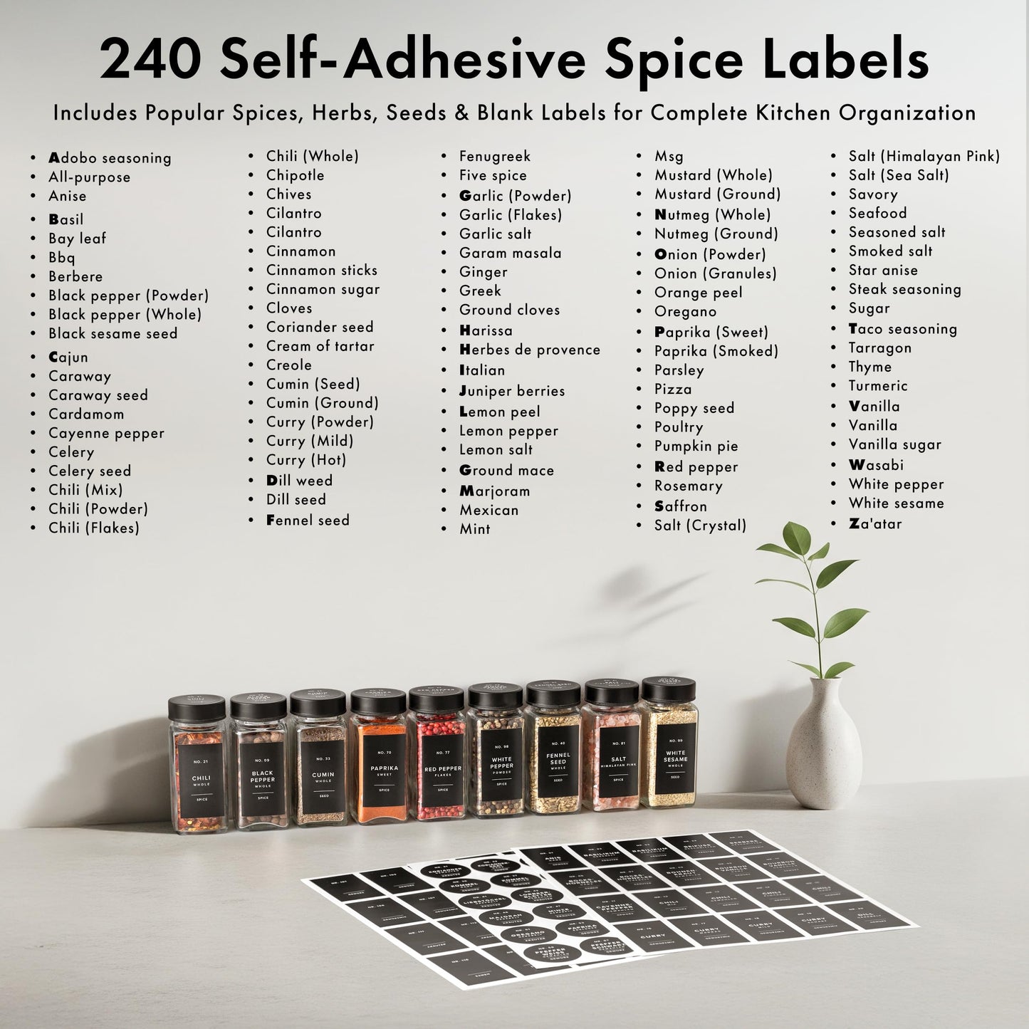 EDELHAUS Glass Spice Jars with Label and Stainless Steel Lids (24 x 4oz) Spice Containers with 240 Labels, Shaker Inserts, Steel Funnel, Empty Square Empty Square Seasoning Organizer (Black)