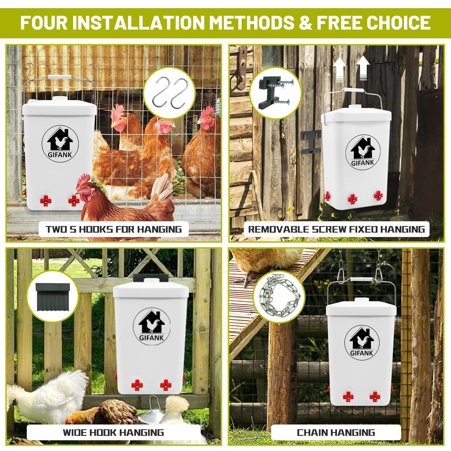 GIFANK Chicken Feeder and Waterer Set,3 Gallon Automatic Chicken Feeder No Waste,Hanging Poultry Waterer Feeder Kit with Chicken Waterer Nipples and Feeding Ports,Chicken Coop Accessories