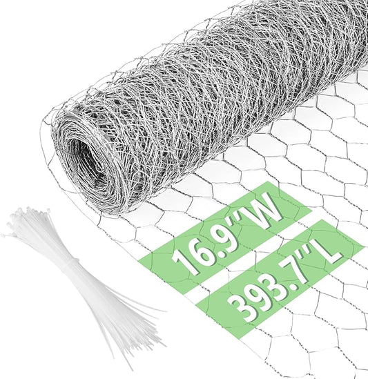Chicken Wire 16.9 in x 393.7 in Poultry Wire Netting Hexagonal Galvanized Mesh Garden Fence Barrier for Pet Rabbit Chicken Fencing with 100 Pcs Cable Zip Ties