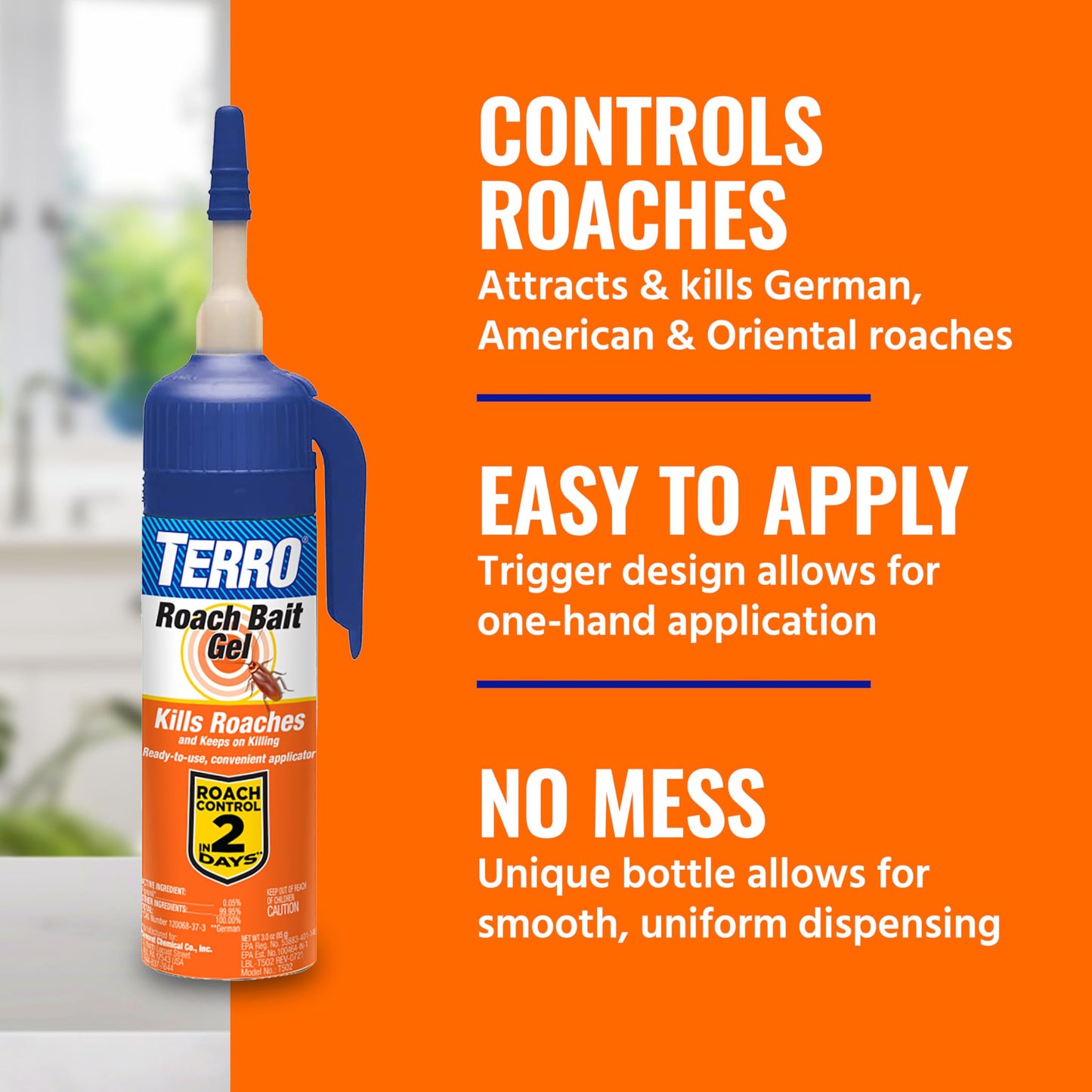 Terro T502 Ready-to-Use Indoor Cockroach Gel Bait Killer - Kills German, American, Oriental Roaches, 3 oz