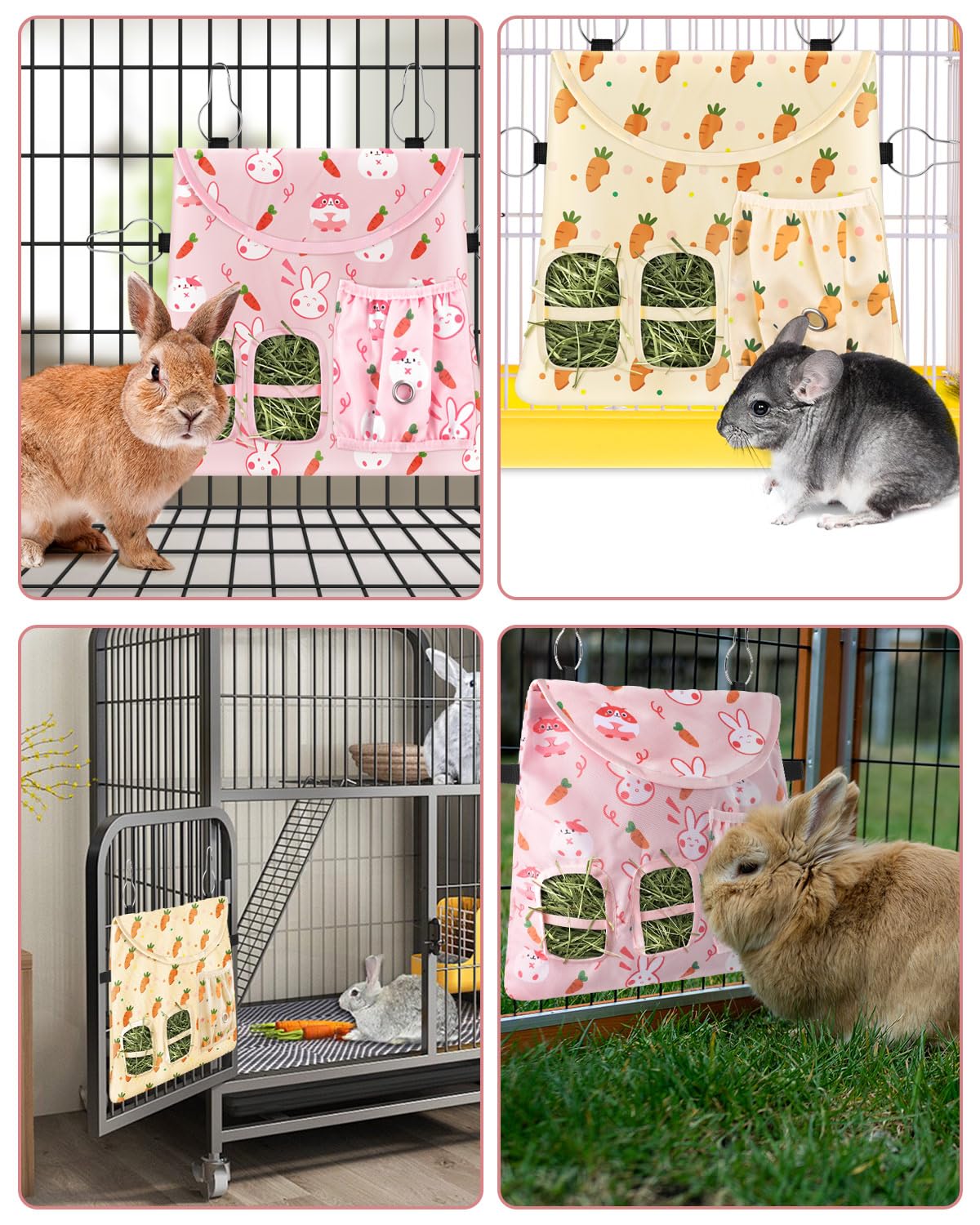 Bissap 2PCS Rabbit Hay Feeder Bag, 2 Holes Hanging Hay Feeder Guinea Pig Hay Bag for Rabbits Bunny Chinchillas Hamsters Rats and Other Small Pets Small Animal - Pink & Beige