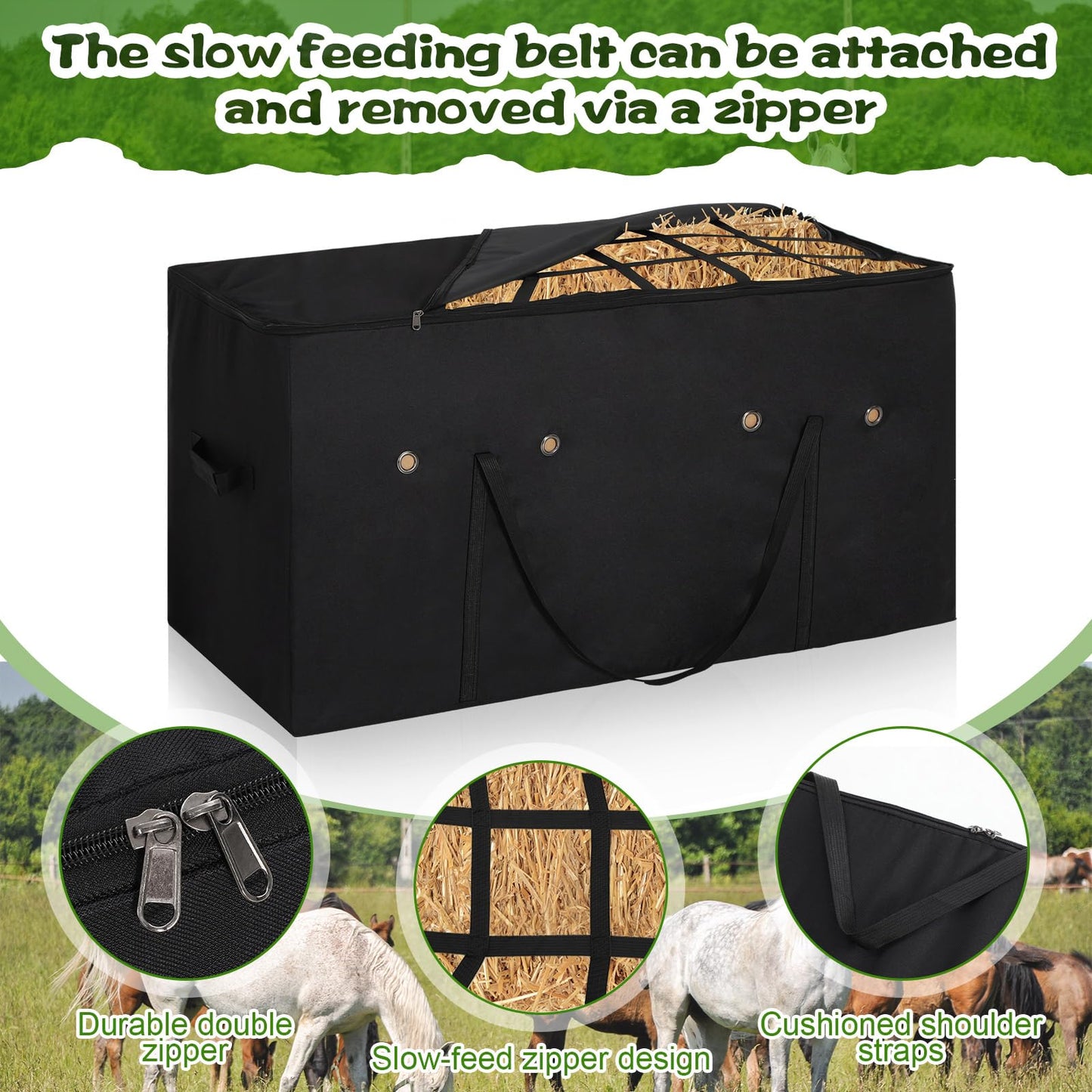 Aliceset Hay Bale Bag 44x18x22 Inch Extra Large Hay Bale Storage Bag Top Slow Feeder Belt Design, 1680D Oxford Cloth, Heavy Duty Tote Container for Horses, Goats, Sheep, Donkeys, Barn and Stable