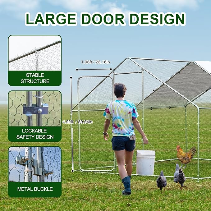 Wonline Large Metal Chicken Coop, Outdoor Walk-in Poultry Spire Top Cage with Climbing Frame Waterproof&Anti-UV Cover, for Hen House, Duck Coop and Rabbit Run, Silver (9.8' L x 9.8' W x 6.56' H)