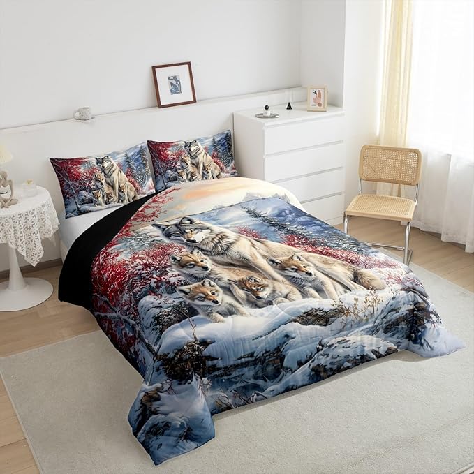 Wolf Family Comforter Sets Full Size,Animal Wolves Printed Bedding Comforter Sets,Winter Wildlife Quilt Sets for Adult Bedroom Decor,Watercolor Natural Landscape quilt set Insert with 2 Pillowcases