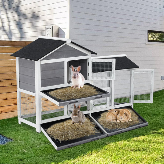63'' Bunny Hutch Indoor Bunny Cage, with 3 Leak-Proof Removable Trays, Wooden Waterproof Roof Rabbit Hutch Indoor/Outdoor, 2-Tier Bunny House/Chicken Coop, Gray and Black