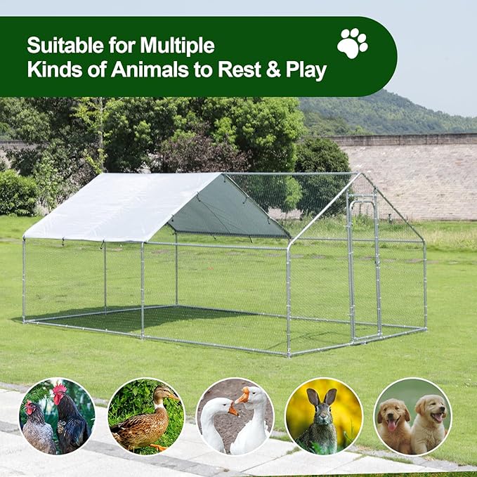 Large Chicken Run Metal Chicken Coop, Outdoor Dog Kennel with Roof Waterproof Anti-UV Cover Secure Lock for Outside Backyard Farm(13.1' L x 9.8' W x 6.56' H)